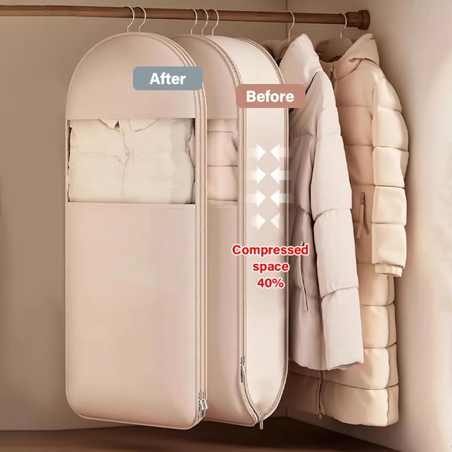 Space Saving Hanging Garment Bag with Self Compression Zipper, Space Saver Closet Organizers, Dust Cover Clothes Bags for Down Coat for Closet Storage (Beige, XL)