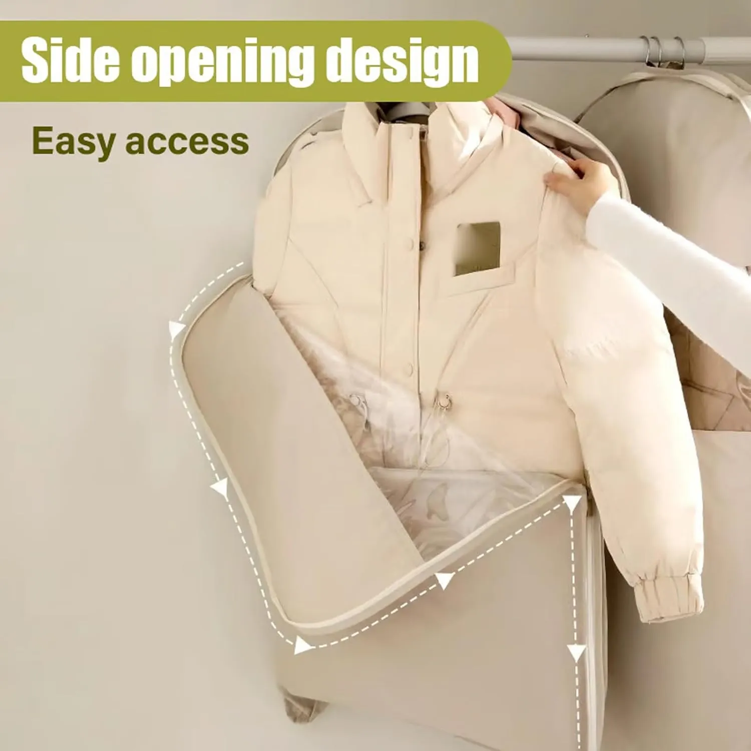 Space Saving Hanging Garment Bag with Self Compression Zipper, Space Saver Closet Organizers, Dust Cover Clothes Bags for Down Coat for Closet Storage (Beige, XL)