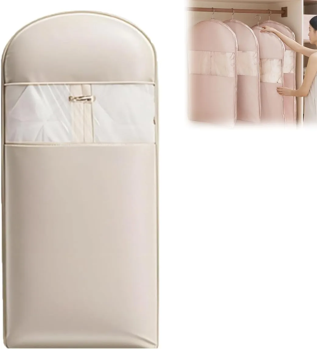 Space Saving Hanging Garment Bag with Self Compression Zipper, Space Saver Closet Organizers, Dust Cover Clothes Bags for Down Coat for Closet Storage (Beige, XL)