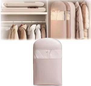 Space Saving Hanging Garment Bag with Self Compression Zipper, Space Saver Closet Organizers, Dust Cover Clothes Bags for Down Coat, For Closet Storage (Pink, M)