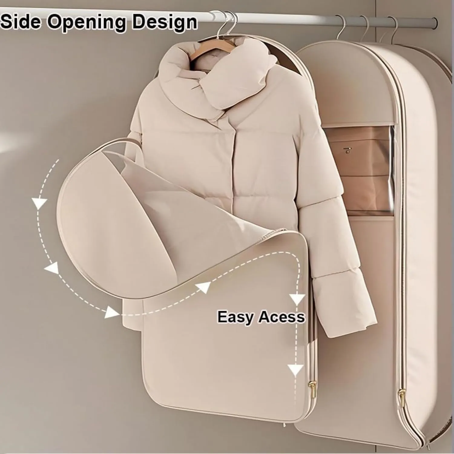 Space Saving Hanging Garment Bag with Self Compression Zipper, Space Saver Closet Organizers, Dust Cover Clothes Bags for Down Coat, For Closet Storage (Pink, M)