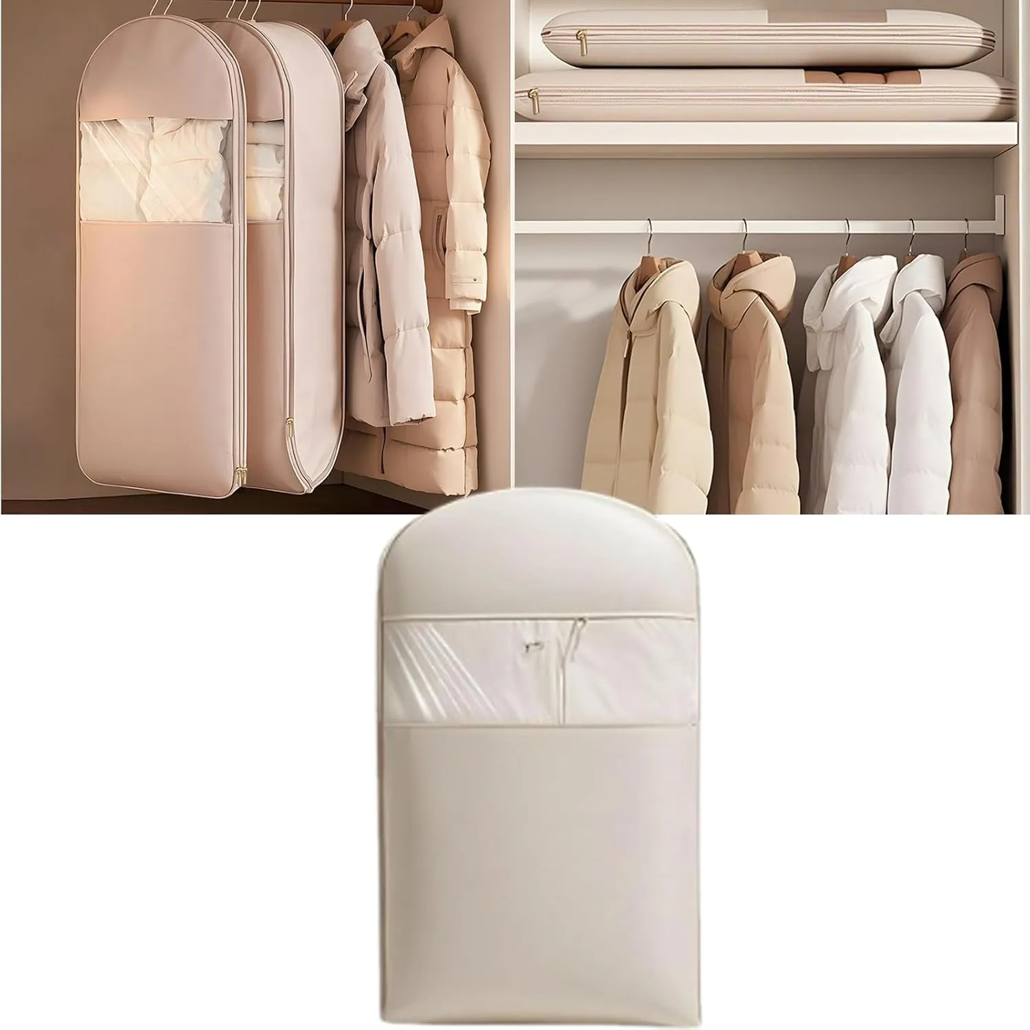 Space Saving Hanging Garment Bag with Self Compression Zipper, Space Saver Closet Organizers, Dust Cover Clothes Bags for Down Coat for Closet Storage, Winter Coat Storage (Beige,Medium)