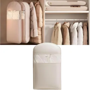 Space Saving Hanging Garment Bag with Self Compression Zipper, Space Saver Closet Organizers, Dust Cover Clothes Bags for Down Coat for Closet Storage, Winter Coat Storage (Beige,Medium)