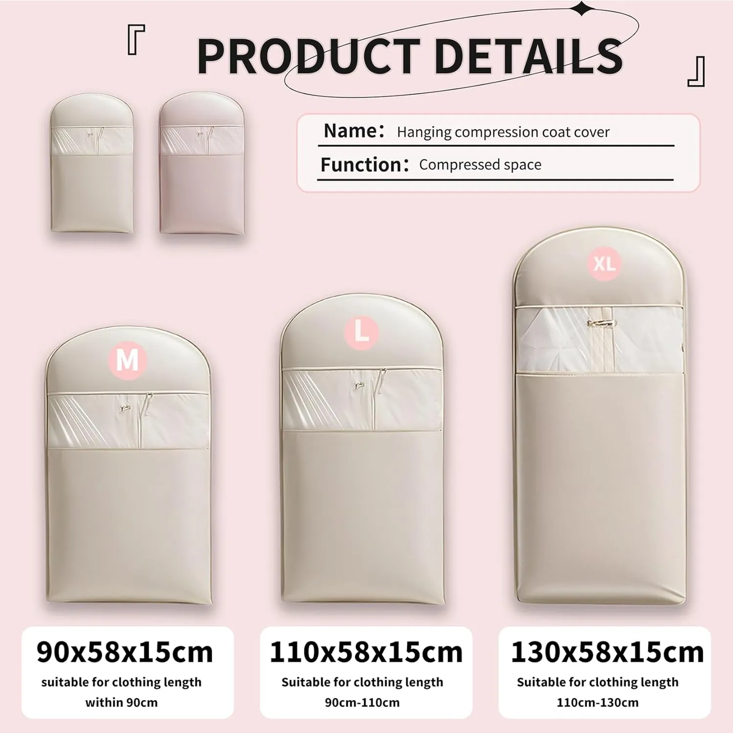 Space Saving Hanging Garment Bag with Self Compression Zipper, Space Saver Closet Organizers, Garment Bags for Hanging Clothes for Closet Storage (Pink, XL-130 * 58 * 15cm)