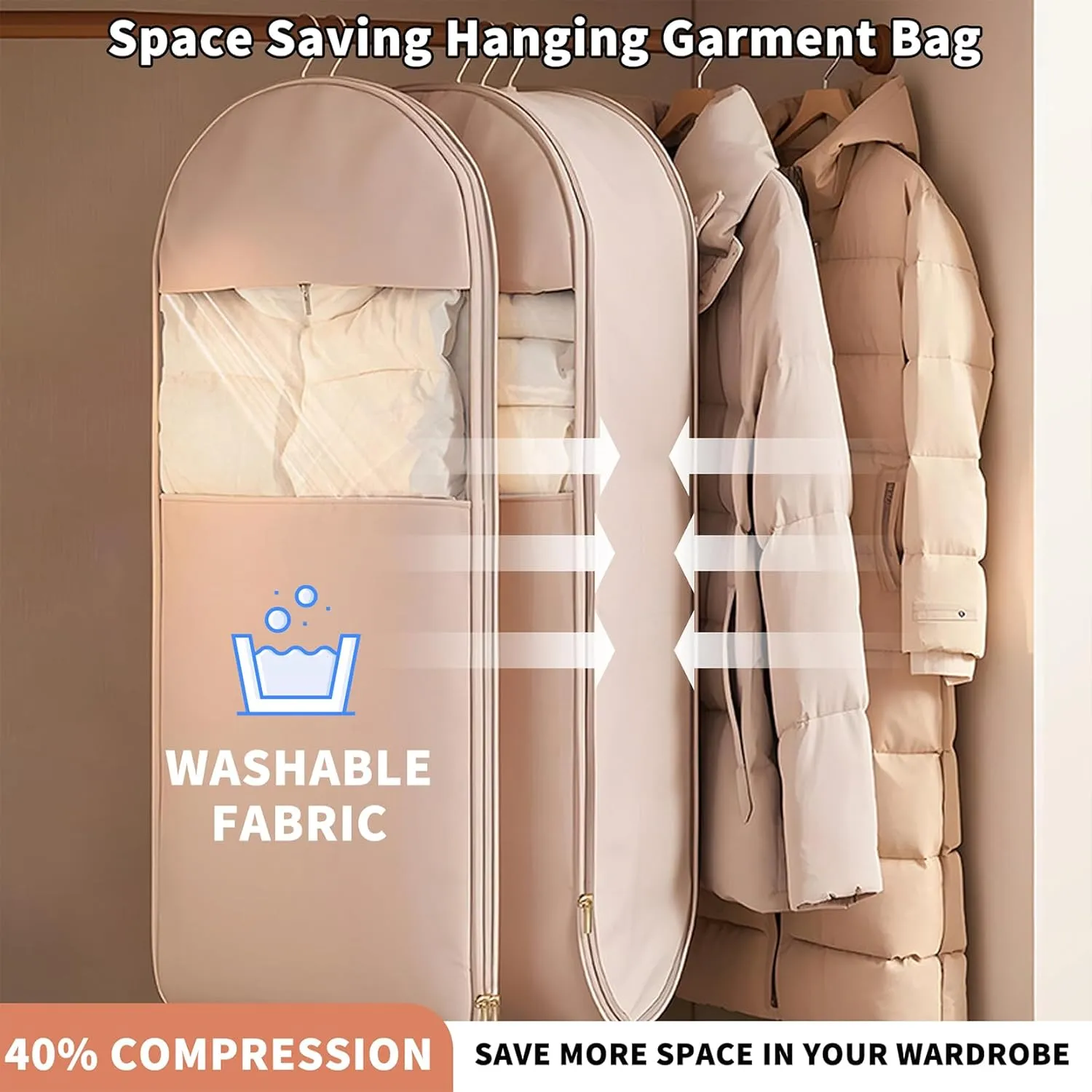 Space Saving Hanging Garment Bag with Self Compression Zipper, Space Saver Closet Organizers, Garment Bags for Hanging Clothes for Closet Storage (Pink, XL-130 * 58 * 15cm)