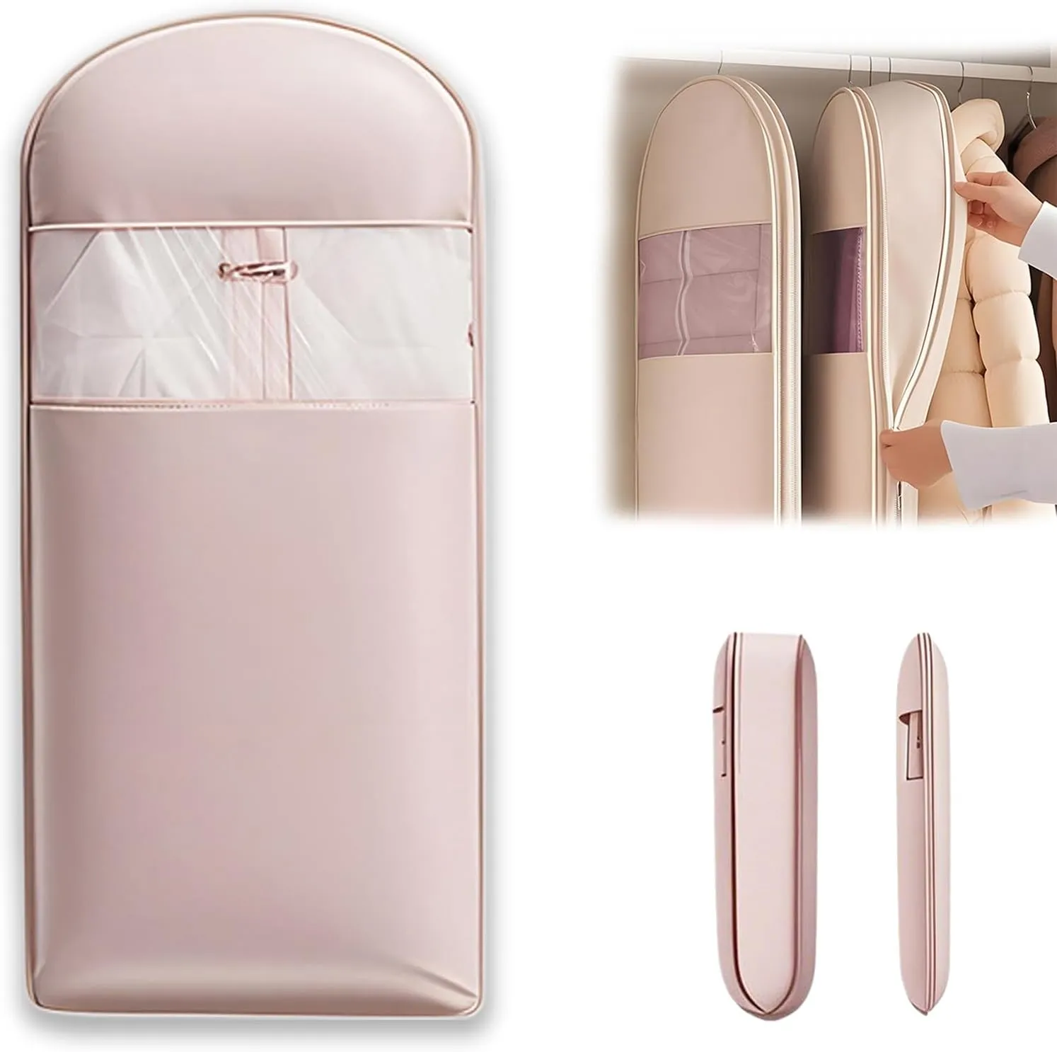 Space Saving Hanging Garment Bag with Self Compression Zipper, Space Saver Closet Organizers, Garment Bags for Hanging Clothes for Closet Storage (Pink, XL-130 * 58 * 15cm)