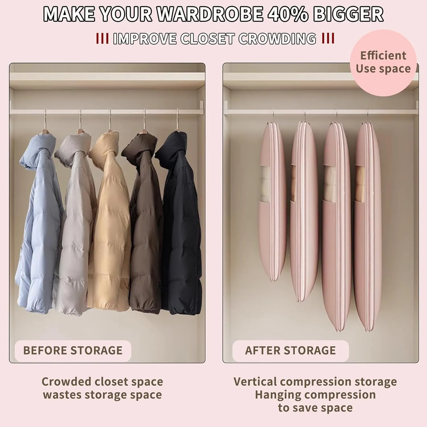 Space Saving Hanging Garment Bag with Self Compression Zipper, Space Saver Closet Organizers, Garment Bags for Hanging Clothes for Closet Storage (Pink, XL-130 * 58 * 15cm)