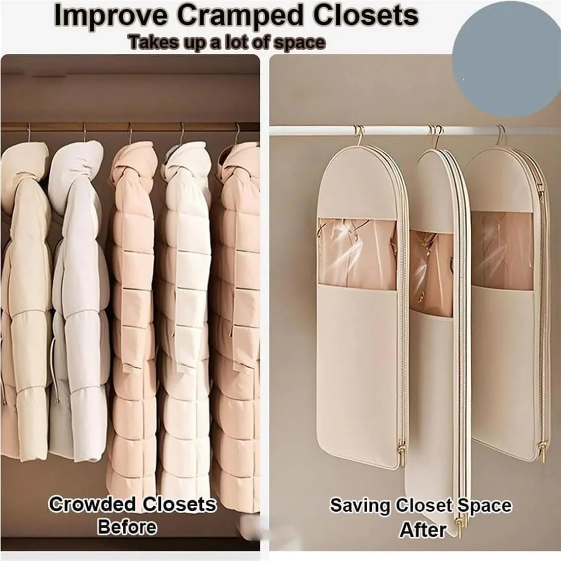 Space Saving Hanging Garment Bag with Self Compression Zipper, Space Saver Closet Organizers, Portable Garment Bags for Travel, Dust Cover Clothes Bags for Down Coat  (Blue, S M XL)