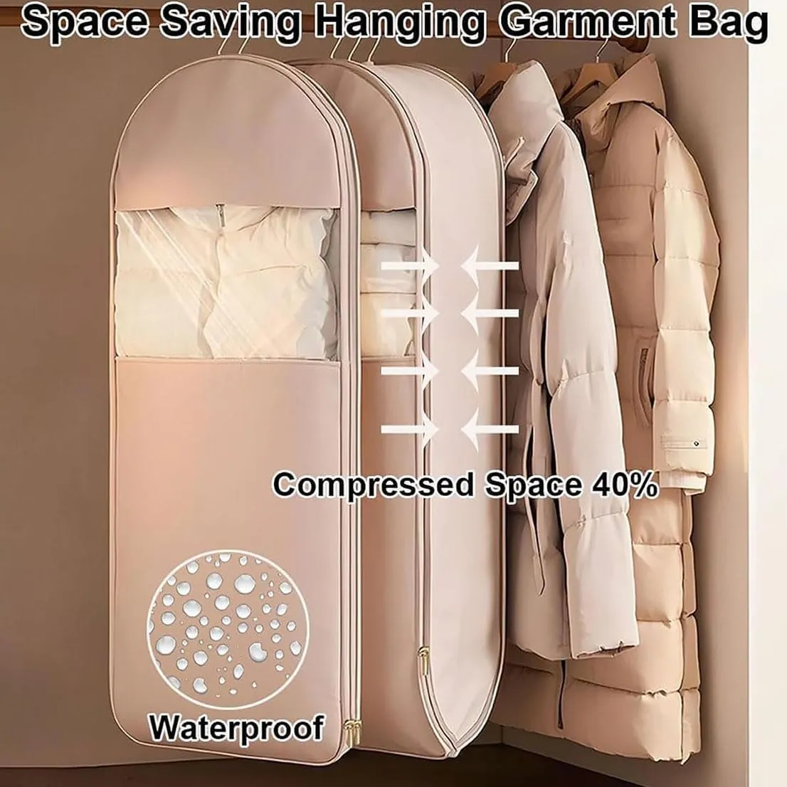 Space Saving Hanging Garment Bag with Self Compression Zipper, Space Saver Closet Organizers, Portable Garment Bags for Travel, Dust Cover Clothes Bags for Down Coat  (Blue, S M XL)