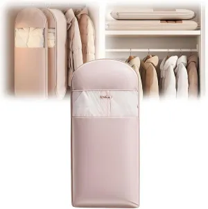 Space Saving Hanging Garment Bag with Self Compression Zipper, Space Saver Coat Storage Bag, Dust Cover Clothes Bags for Down Coat (Pink,L)