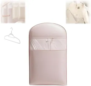 Space Saving Hanging Garment Bag with Self Compression Zipper, Space Saver Coat Storage Bag, Dust Cover Clothes Bags for Down Coat, Travel Organizer with Hanger, For Closet Storage (Pink,M)