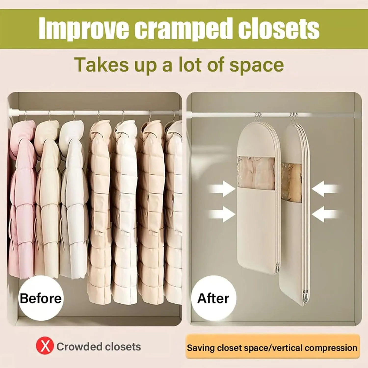 Space Saving Hanging Garment Bag with Self Compression Zipper, Space Saver Coat Storage Bag, Dust Cover Clothes Bags for Down Coat, Travel Organizer with Hanger, For Closet Storage (Pink,M)
