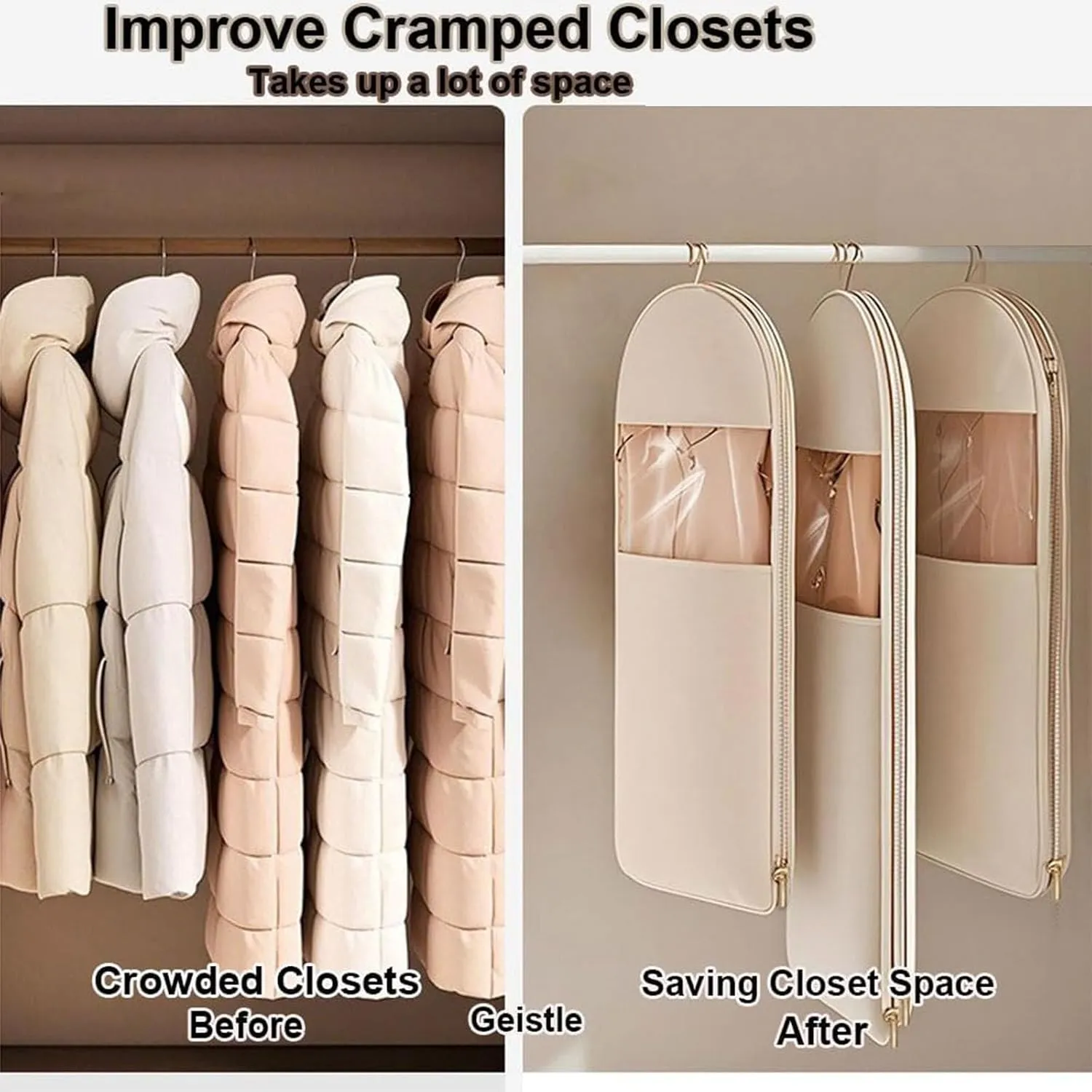 Space Saving Hanging Garment Bag with Self Compression Zipper, Space Saver Coat Storage Bag, Dust Cover Clothes Bags for Down Coat, Travel Organizer with Hanger, For Closet Storage (Pink,M)