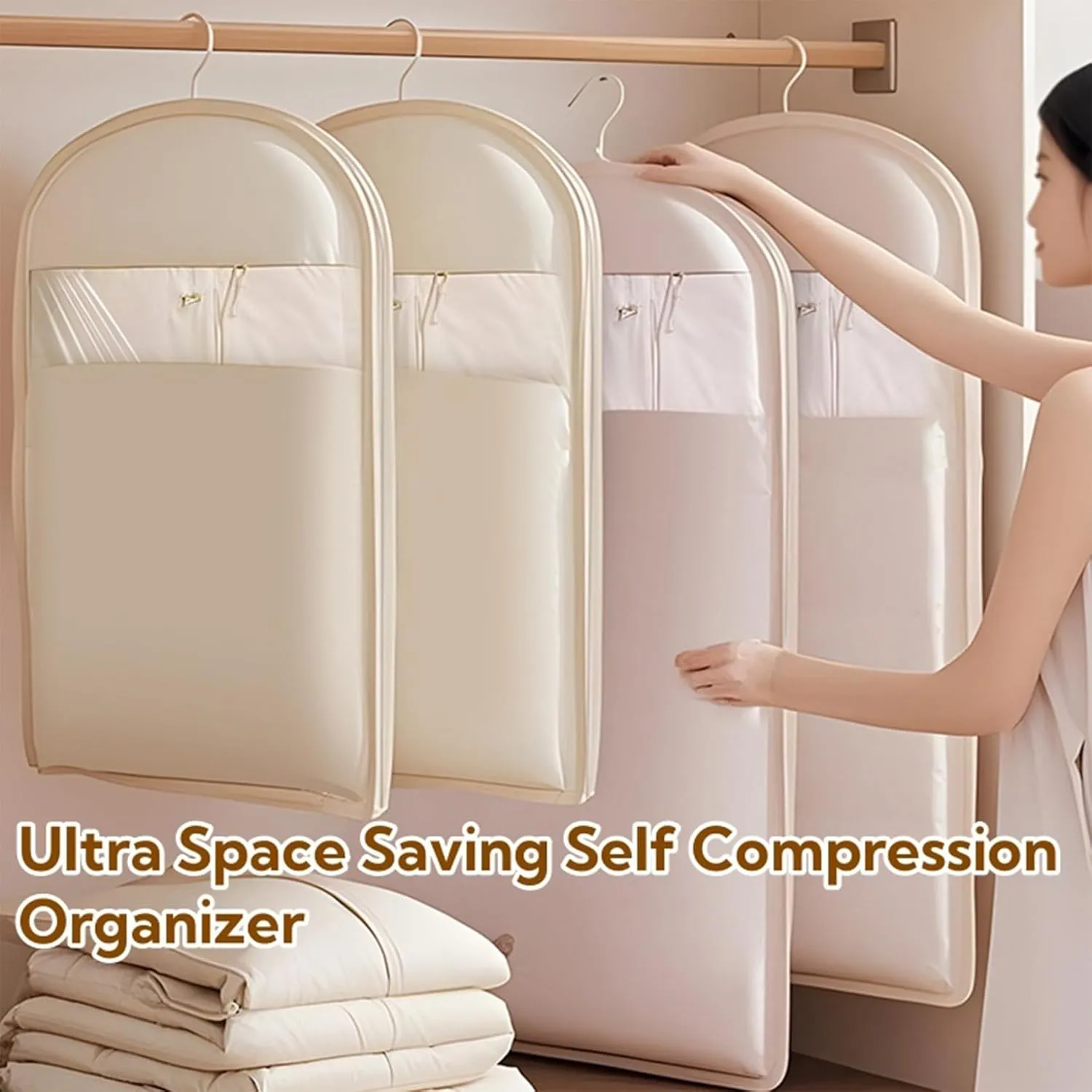 Space Saving Hanging Garment Bag with Self Compression Zipper, Space Saver Hanging Garment Bags for Closet Storage, Down Coat Dust Cover for Travel with Rack (Beige,M: 90cm/35.4in)