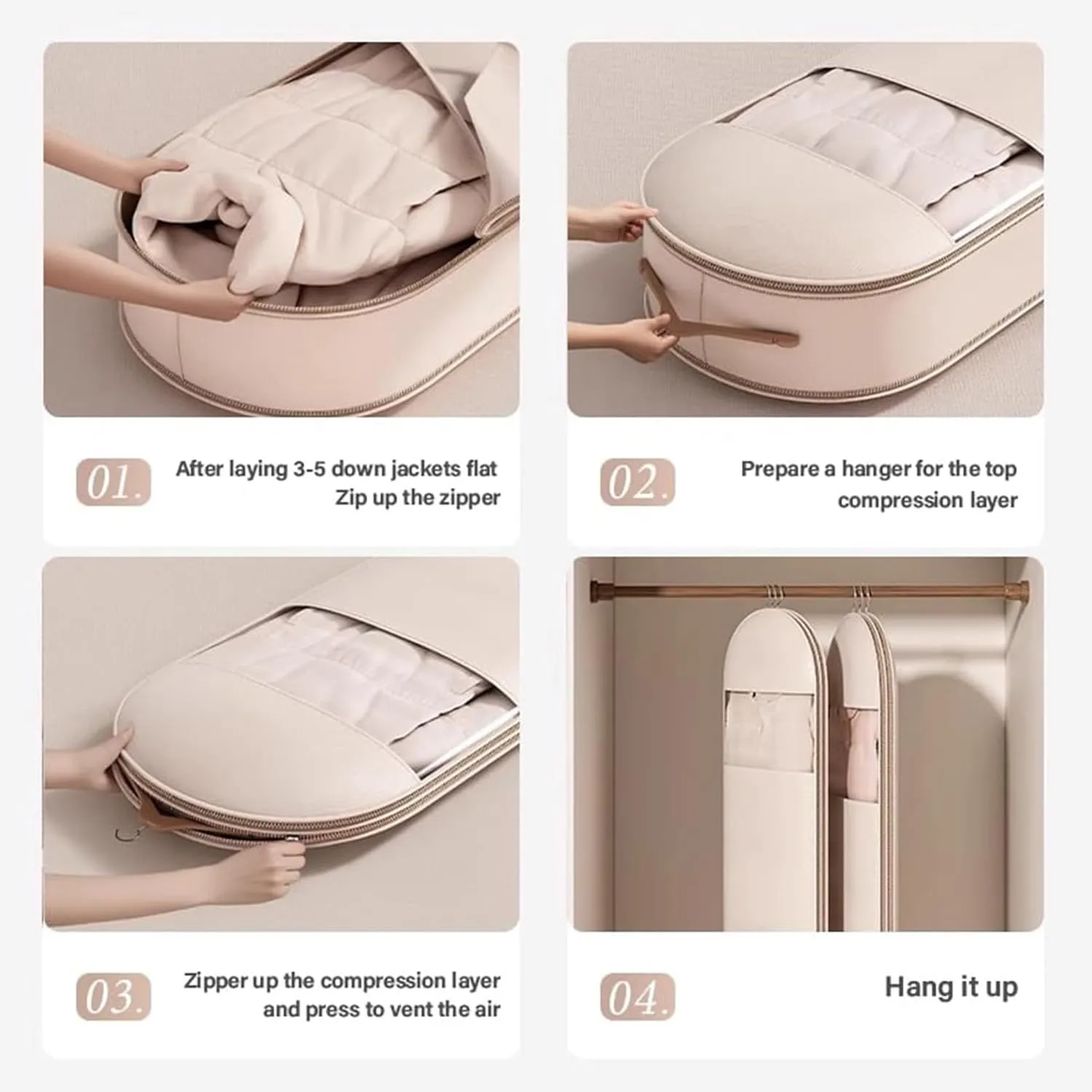 Space Saving Hanging Garment Bag with Self Compression Zipper, Space Saver Hanging Garment Bags for Closet Storage, Down Coat Dust Cover for Travel with Rack (Beige,M: 90cm/35.4in)