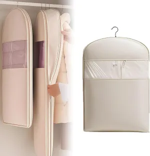 Space Saving Hanging Garment Bag with Self Compression Zipper, Space Saver Hanging Garment Bags for Closet Storage, Down Coat Dust Cover for Travel with Rack (Beige,M: 90cm/35.4in)