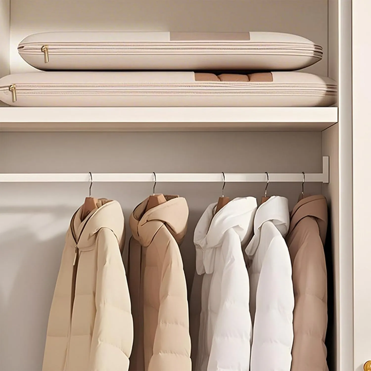 Space Saving Hanging Garment Bag with Self Compression Zipper, Space Saver Hanging Garment Bags for Closet Storage, Down Coat Dust Cover for Travel with Rack (Beige,M: 90cm/35.4in)