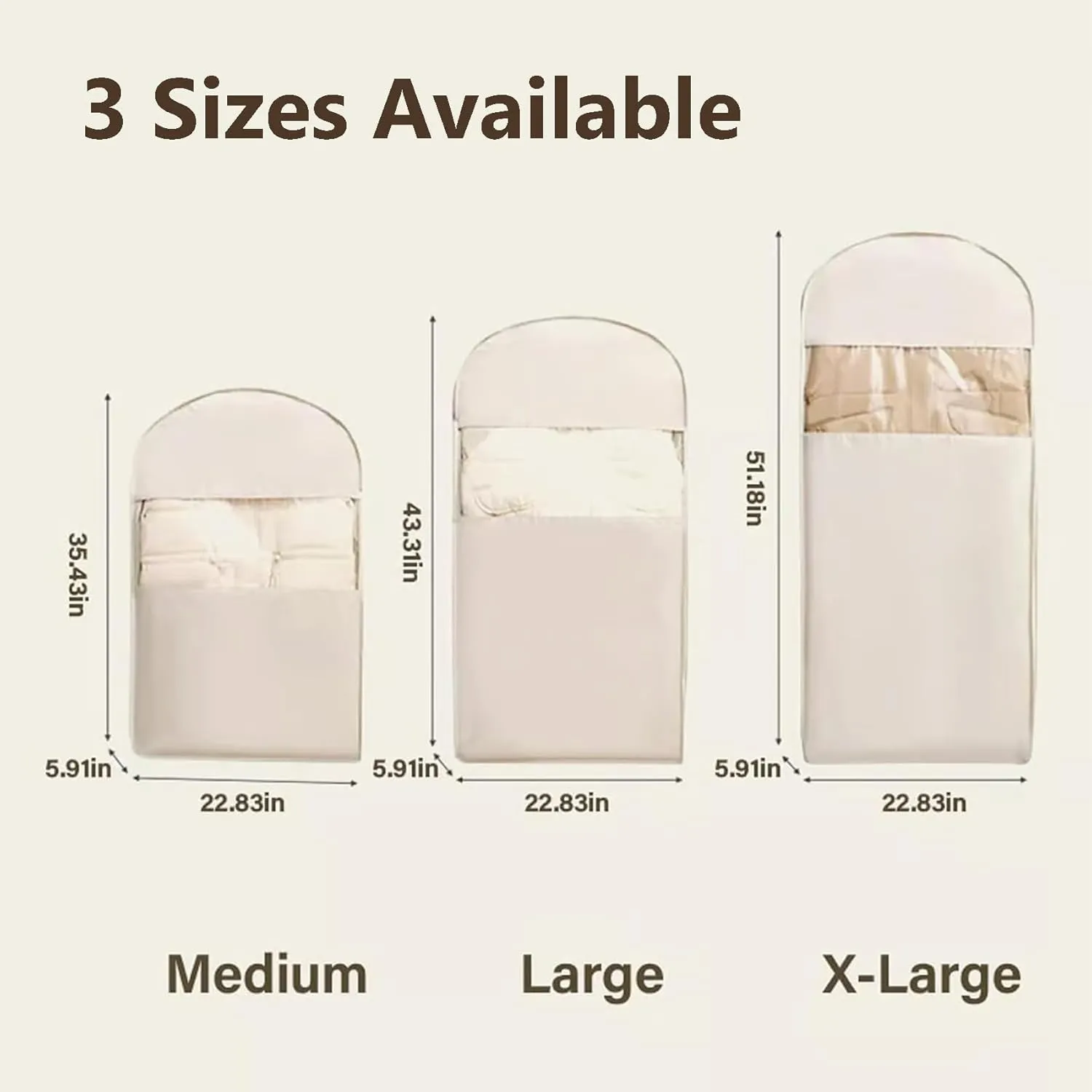 Space Saving Hanging Garment Bag with Self Compression Zipper, Space Saver Hanging Garment Bags for Closet Storage, Down Coat Dust Cover for Travel with Rack (Beige,M: 90cm/35.4in)