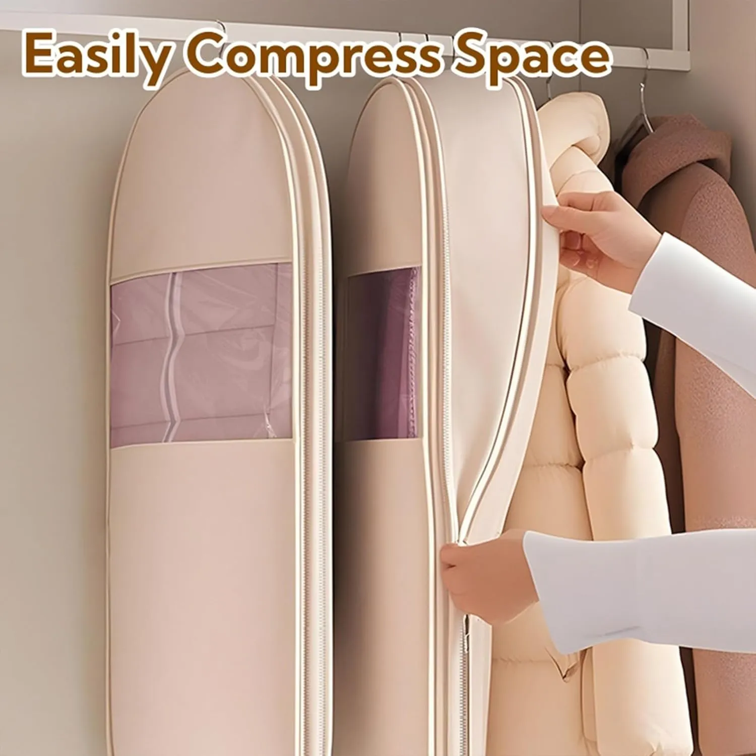 Space Saving Hanging Garment Bag with Self Compression Zipper, Space Saver Hanging Garment Bags for Closet Storage, Down Coat Dust Cover for Travel with Rack (Beige,M: 90cm/35.4in)