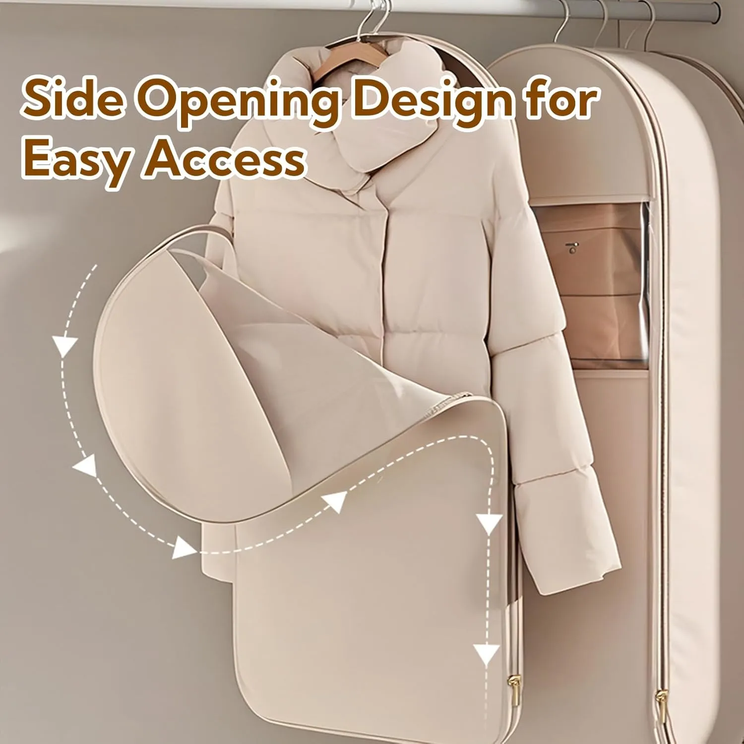 Space Saving Hanging Garment Bag with Self Compression Zipper, Space Saver Hanging Garment Bags for Closet Storage, Down Coat Dust Cover for Travel with Rack (Beige,M: 90cm/35.4in)