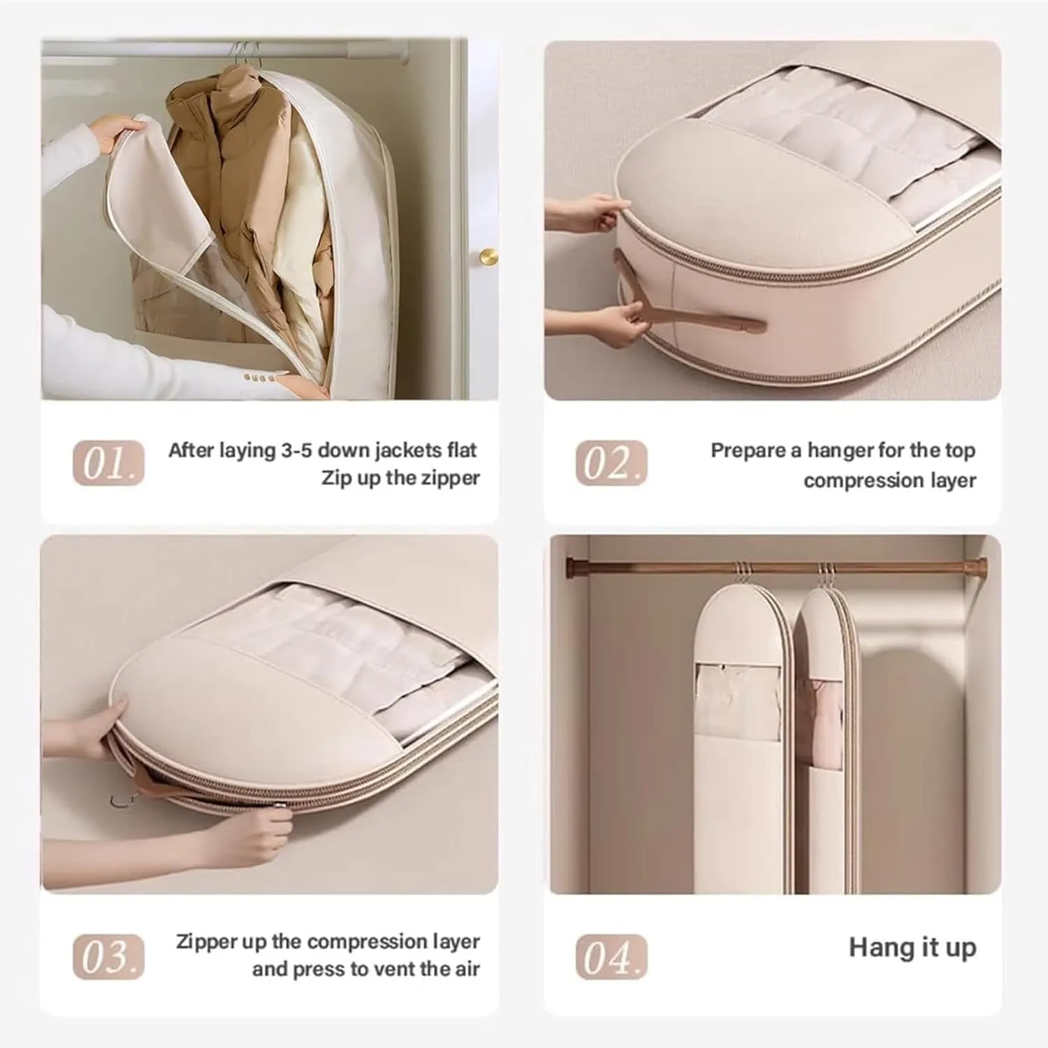 Space Saving Hanging Garment Bag with Self Compression Zipper, Space Saving Bags, Down Coat Compression Dust Cover for Closet Storage (Beige-Large)
