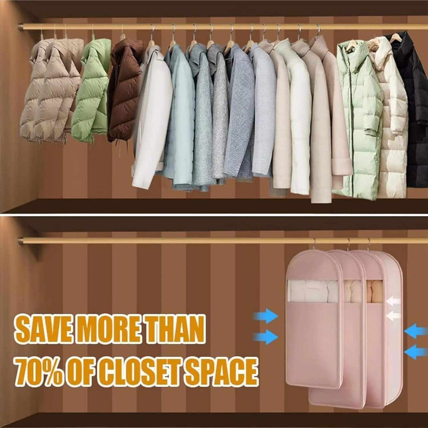 Space Saving Hanging Garment Bag with Self Compression Zipper, Space Saving Bags, Down Coat Compression Dust Cover for Closet Storage (Beige-Large)