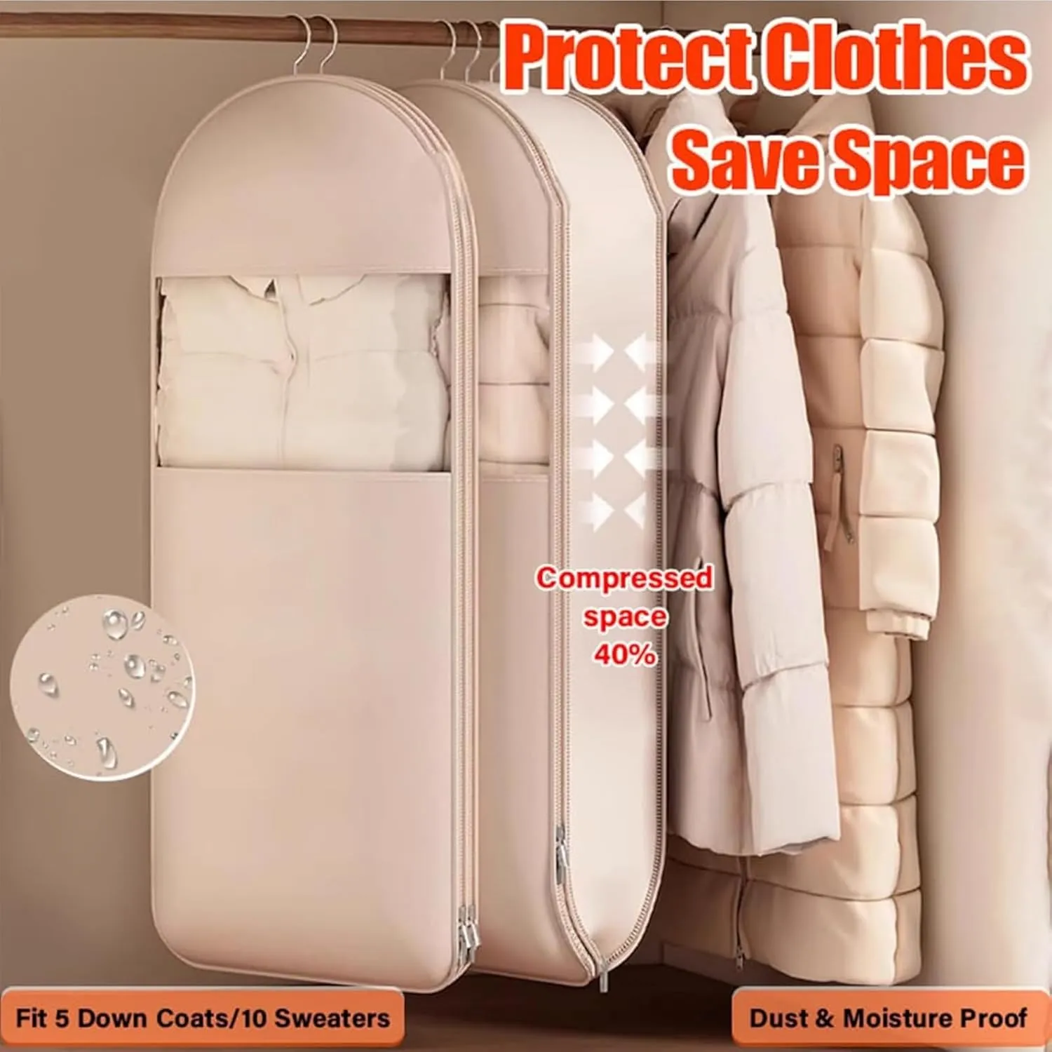 Space Saving Hanging Garment Bag with Self Compression Zipper, Space Saving Bags, Down Coat Compression Dust Cover for Closet Storage (Beige-Large)