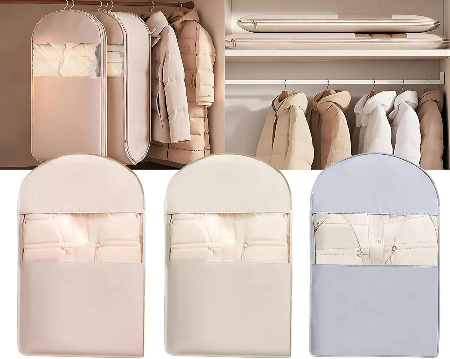 Space Saving Hanging Garment Bag with Self Compression Zipper, Space Saving Closet Organizers Hanging Protector for Down Coat, Down Coat Compression Dust Cover for Closet Storage (Pink Beige Blue, M)