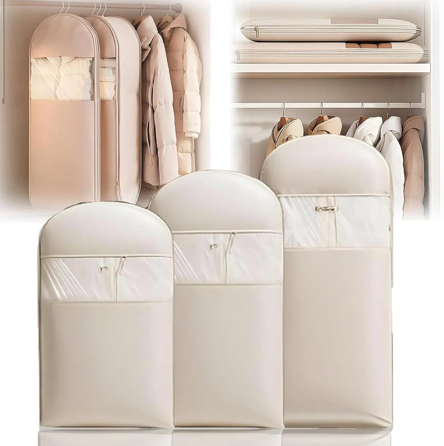 Space Saving Hanging Garment Bag with Self Compression Zipper, Space Saving Compression Garment Bags, Dust Cover Clothes Bags for Down Coat, for Closet Storage