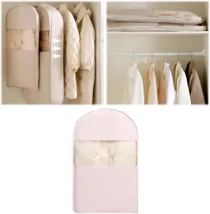 Space Saving Hanging Garment Bag with Self Compression Zipper, Space Saving Hanging Protector for Down Coat, Down Coat Compression Cover for Closet Storage (Pink, 90X58X15cm)