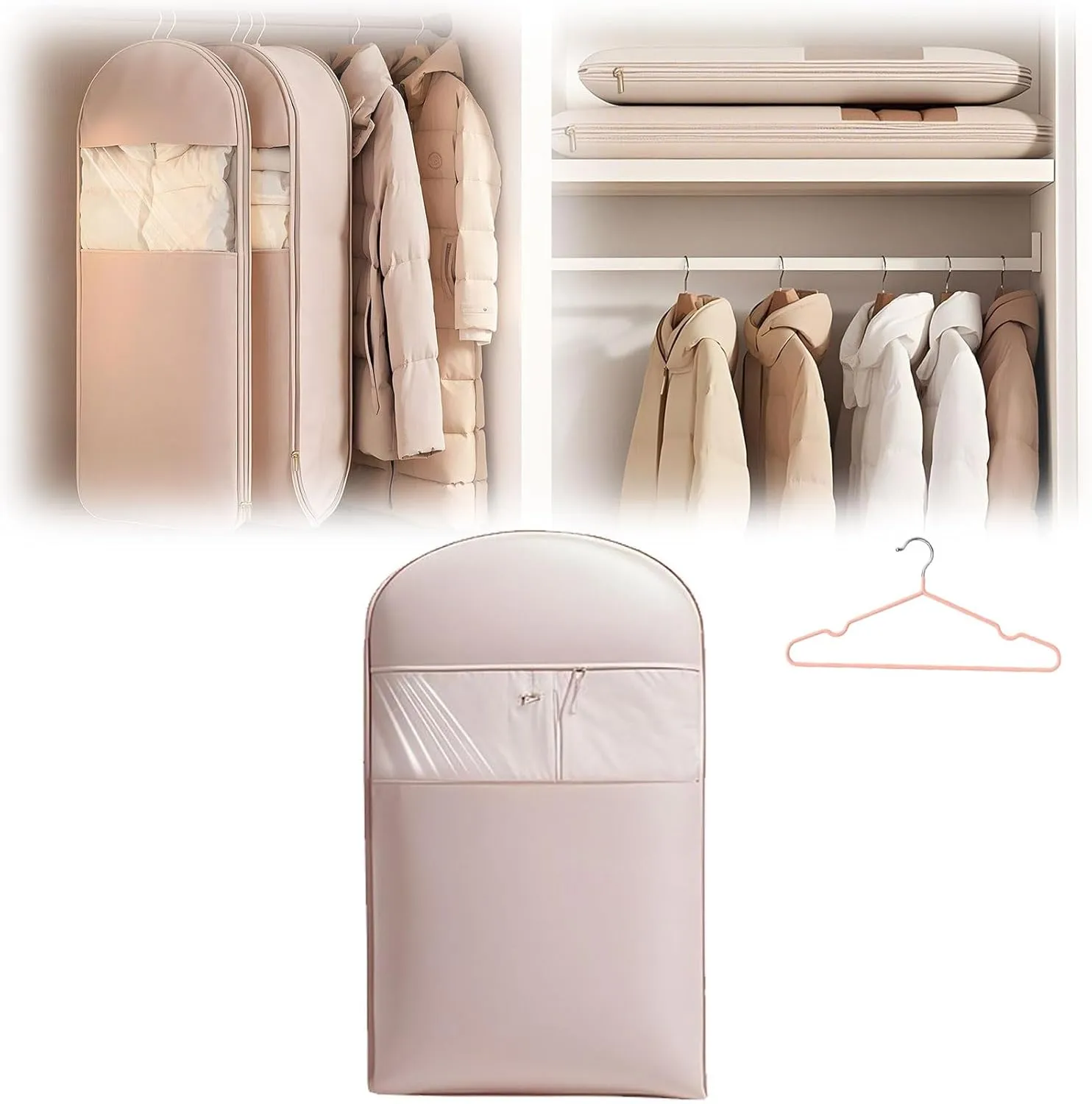 Space Saving Hanging Garment Bag with Self Compression Zipper, Ultra Space Saving Self Compression Organizer with Clothes Hanger, Down Coat Compression Dust Cover for Closet Storage (Pink-A, Medium)