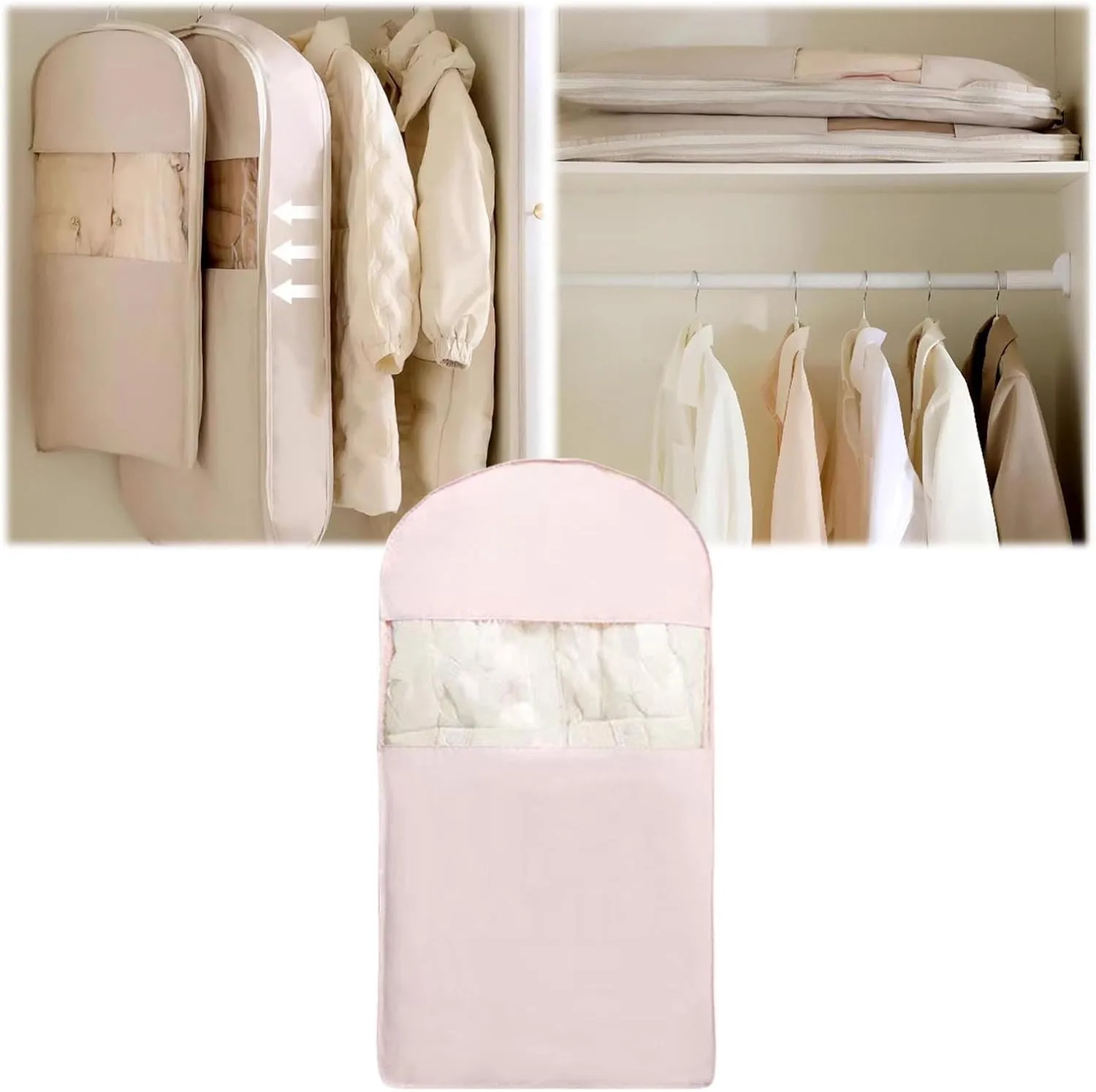 Space Saving Hanging Garment Bag with Self Compression Zipper,Space Closet Organizers, Cover Clothes Bags for Down Coat (B, 110X58X15cm)