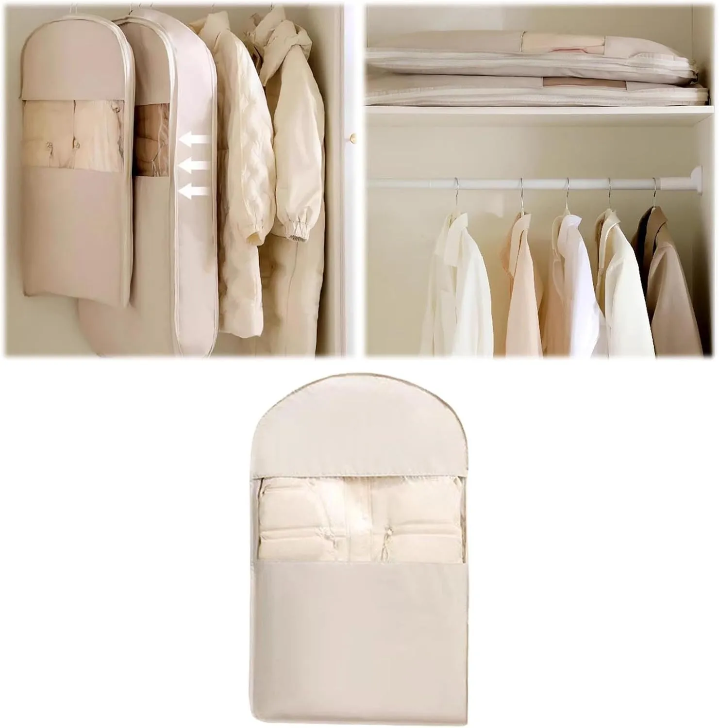 Space Saving Hanging Garment Bag with Self Compression Zipper,Space Closet Organizers, Cover Clothes Bags for Down Coat (D, 90X58X15cm)