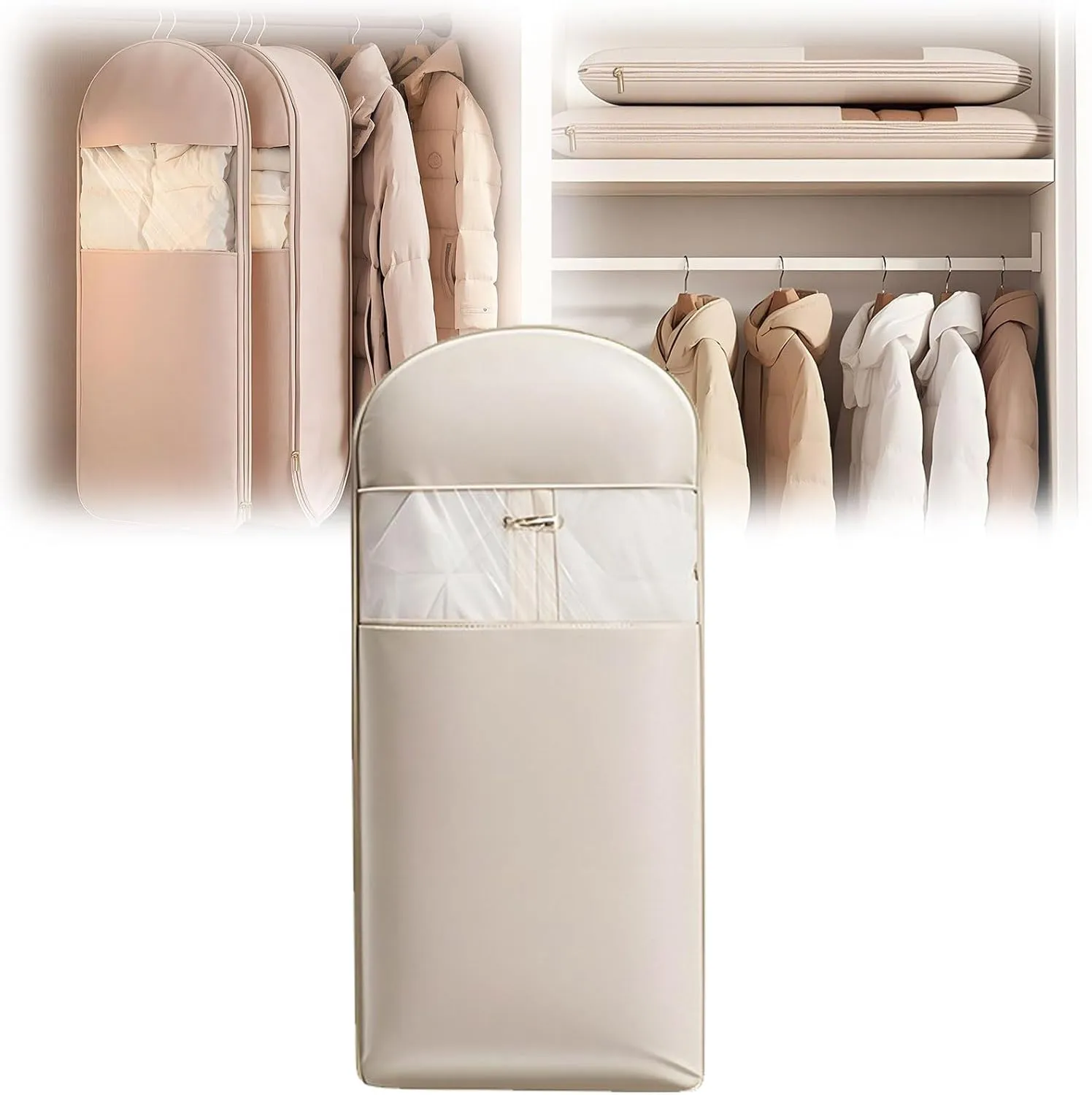 Space Saving Hanging Garment Bag with Self Compression Zipper,Space Saver Closet Organizers,Dust Cover Clothes Bags for Down Coat (Beige, Extra Large)