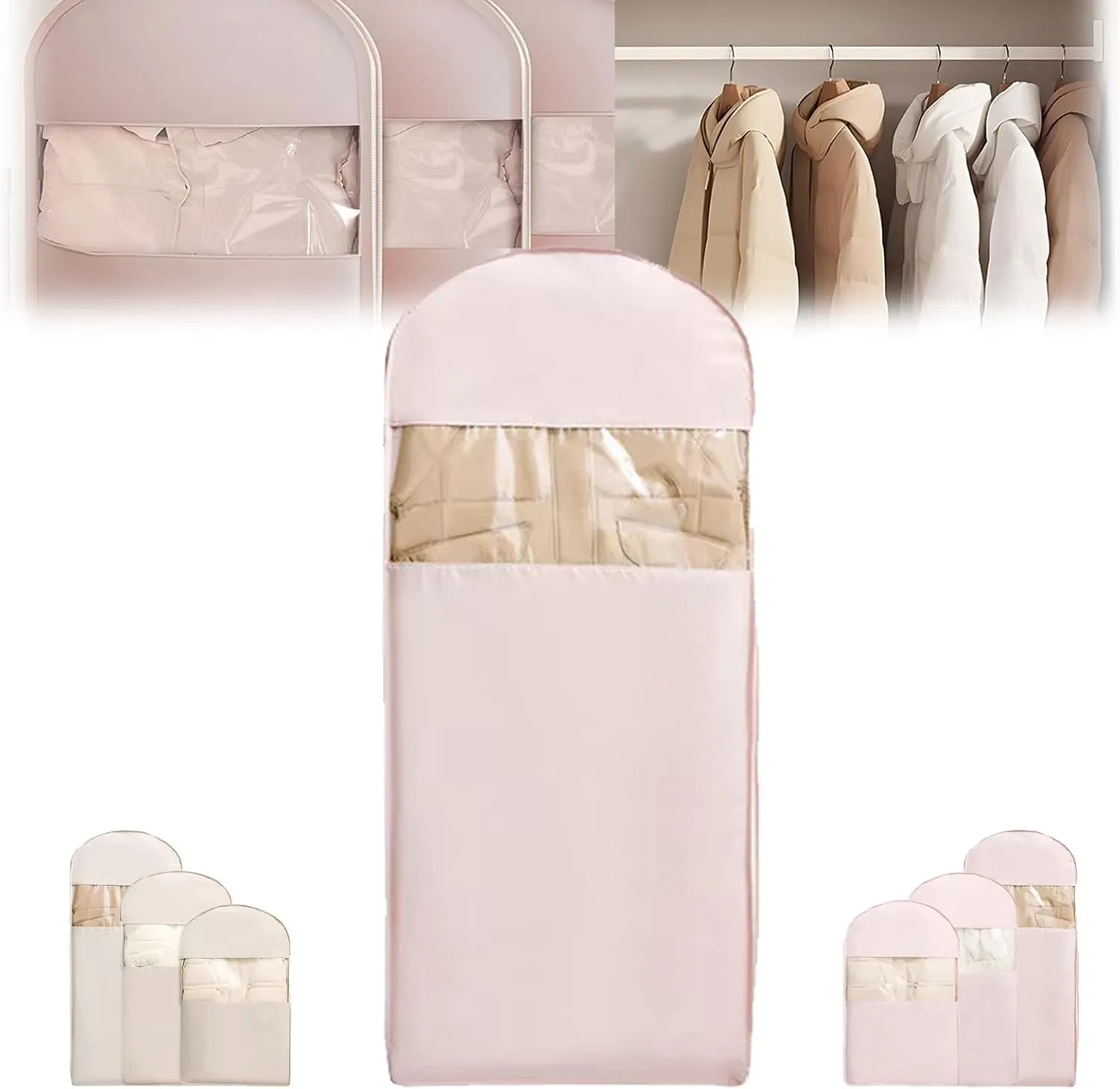 Space Saving Hanging Garment Bag with Self Compression Zipper,Space Saver Closet Organizers,for Dust Protection, Storage (Pink 2XL)