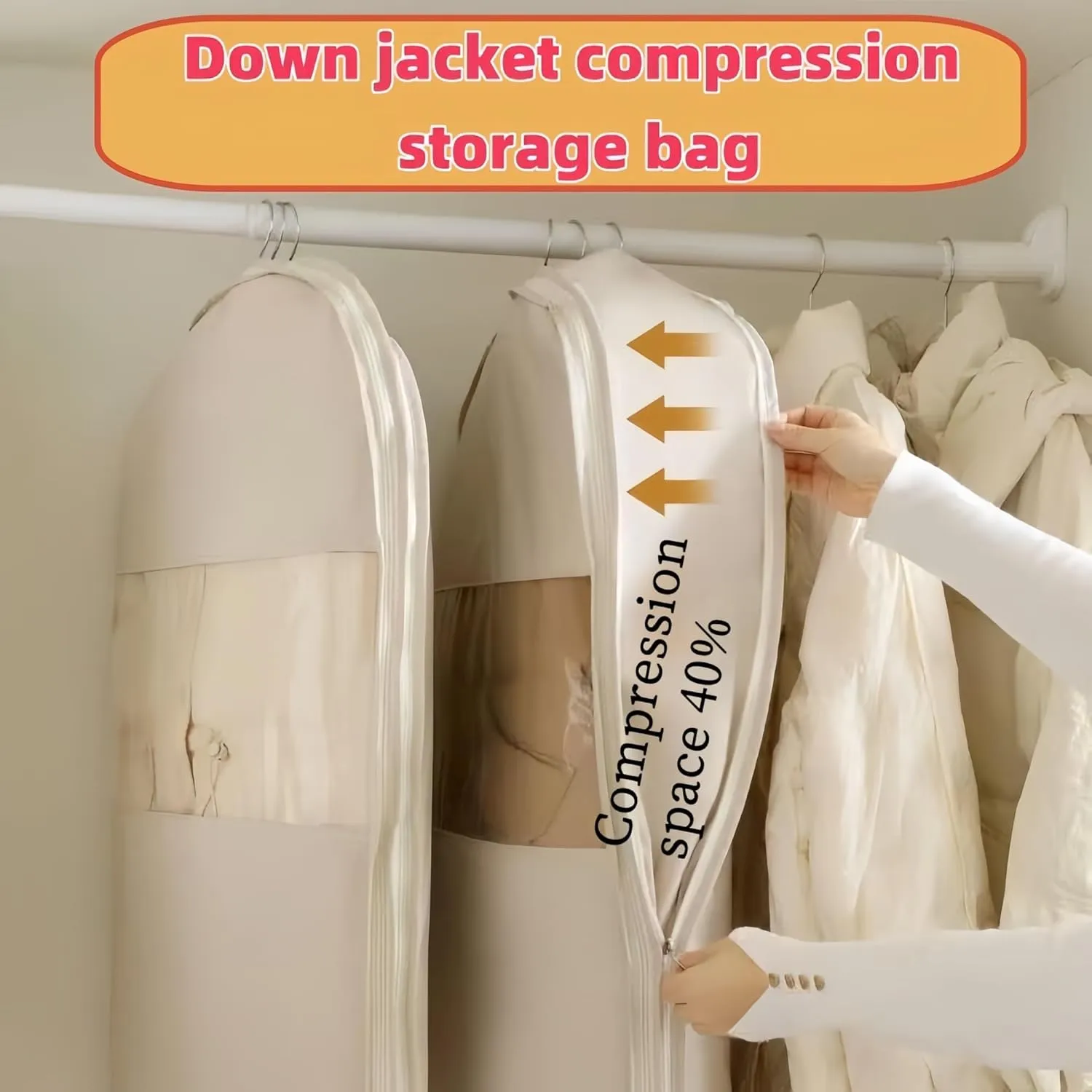 Space Saving Hanging Garment Bag with Self Compression Zipper,Space Saver Closet OrganizersPrevents creases in Clothing, dust Cover Travel Bag with Duvet Hanger(Beige (3PCS))