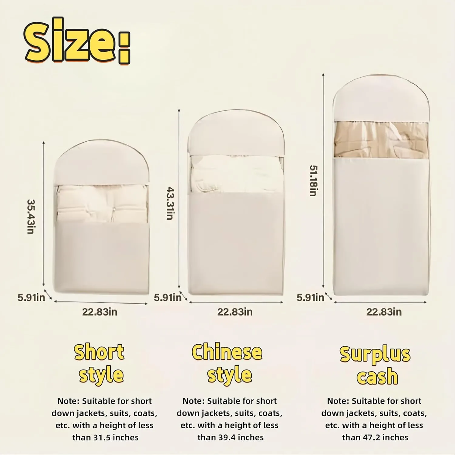 Space Saving Hanging Garment Bag with Self Compression Zipper,Space Saver Closet OrganizersPrevents creases in Clothing, dust Cover Travel Bag with Duvet Hanger(Beige (3PCS))