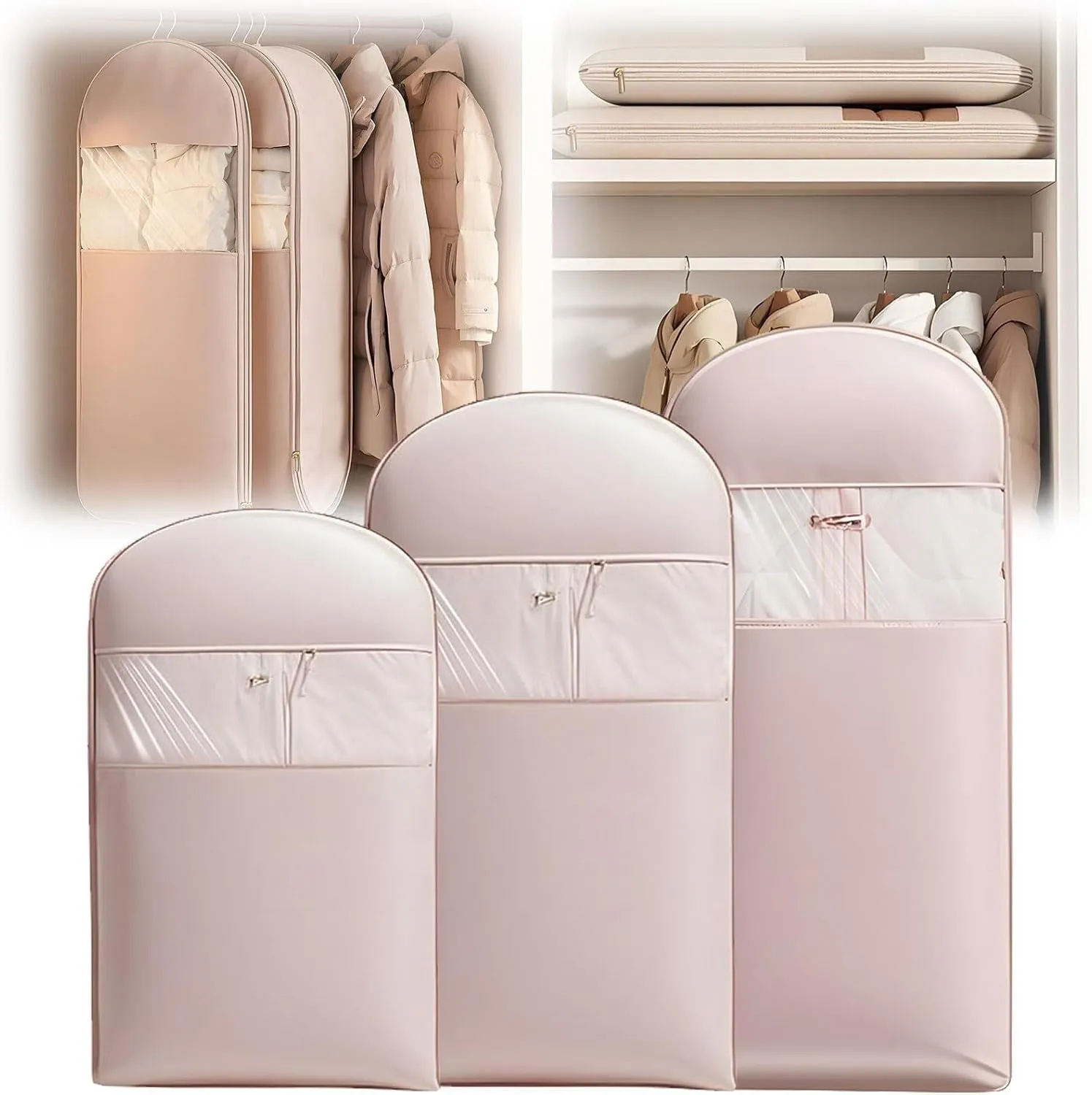 Space Saving Hanging Garment Bag with,Self Compression Zipper, Space Saver Closet Organizers,Dust Cover Clothes Bags for Down Coat(Medium Large X-Large)3Pcs(Pink)