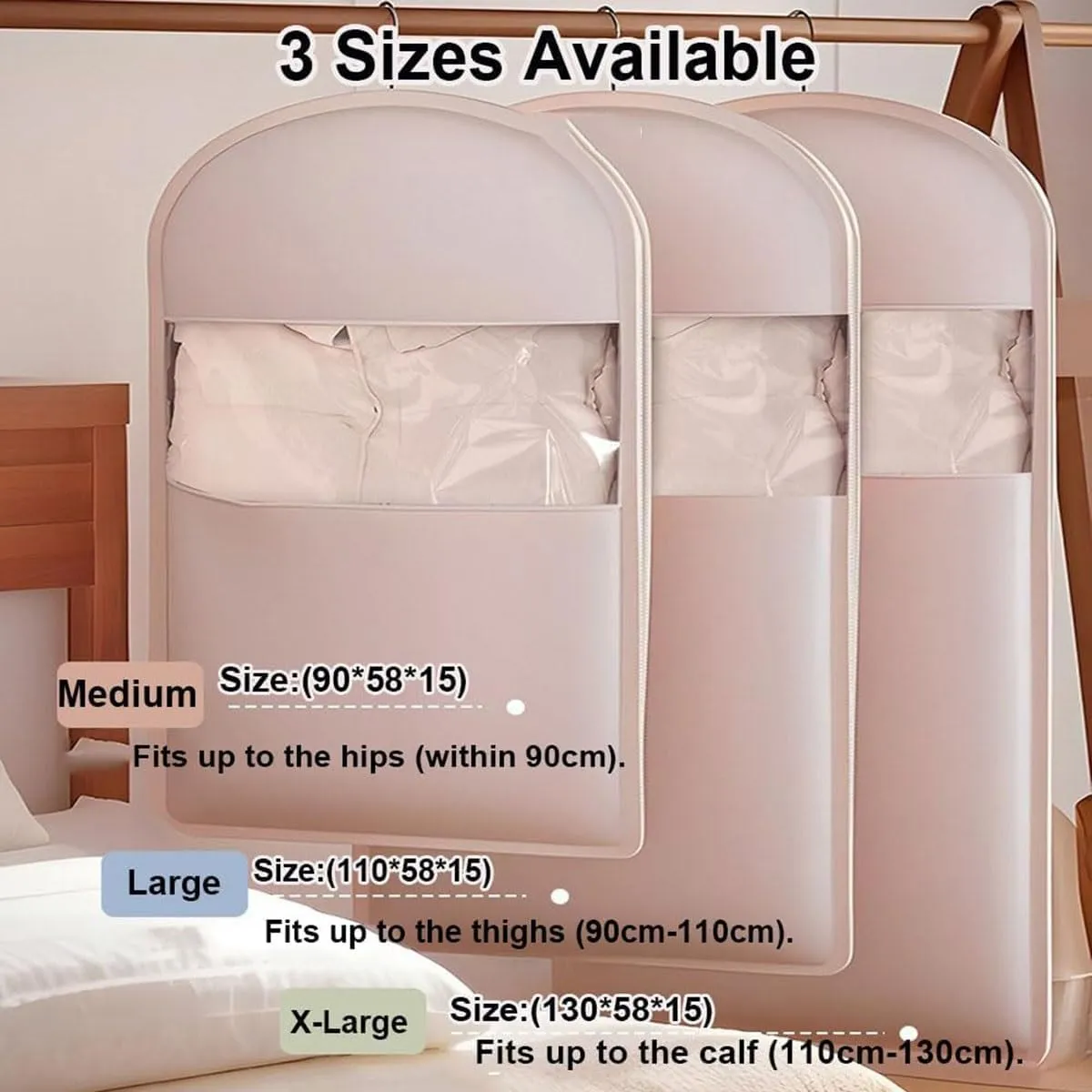 Space Saving Hanging Garment Bag with,Self Compression Zipper, Space Saver Closet Organizers,Dust Cover Clothes Bags for Down Coat(Medium Large X-Large)3Pcs(Pink)