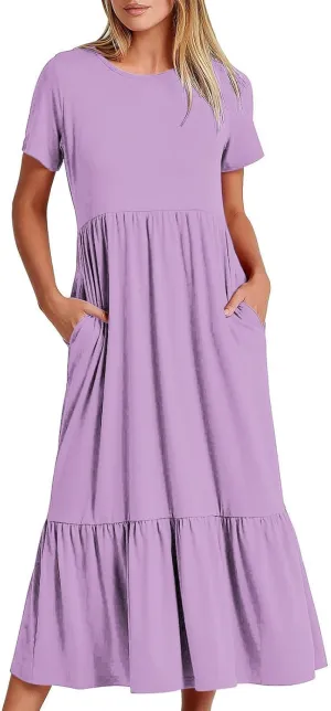 Spring Dresses for Women 2024 Casual Loose Short Sleeve Summer Long Tshirt Dress Flowy Tiered Maxi Beach Sundress