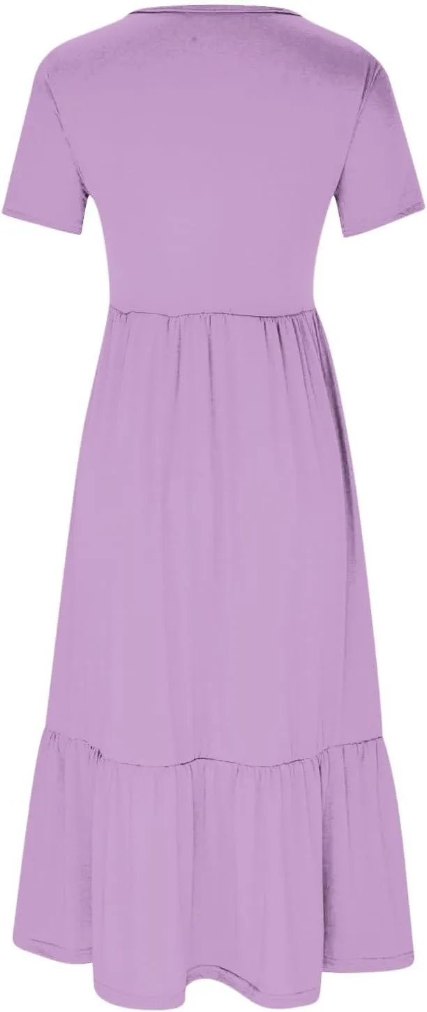 Spring Dresses for Women 2024 Casual Loose Short Sleeve Summer Long Tshirt Dress Flowy Tiered Maxi Beach Sundress