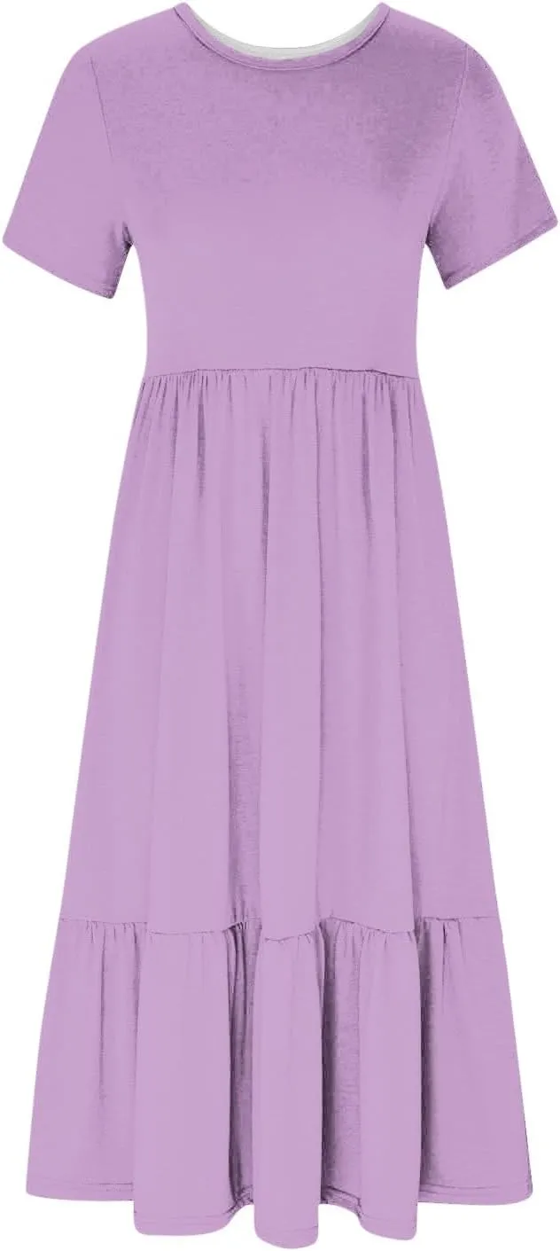 Spring Dresses for Women 2024 Casual Loose Short Sleeve Summer Long Tshirt Dress Flowy Tiered Maxi Beach Sundress