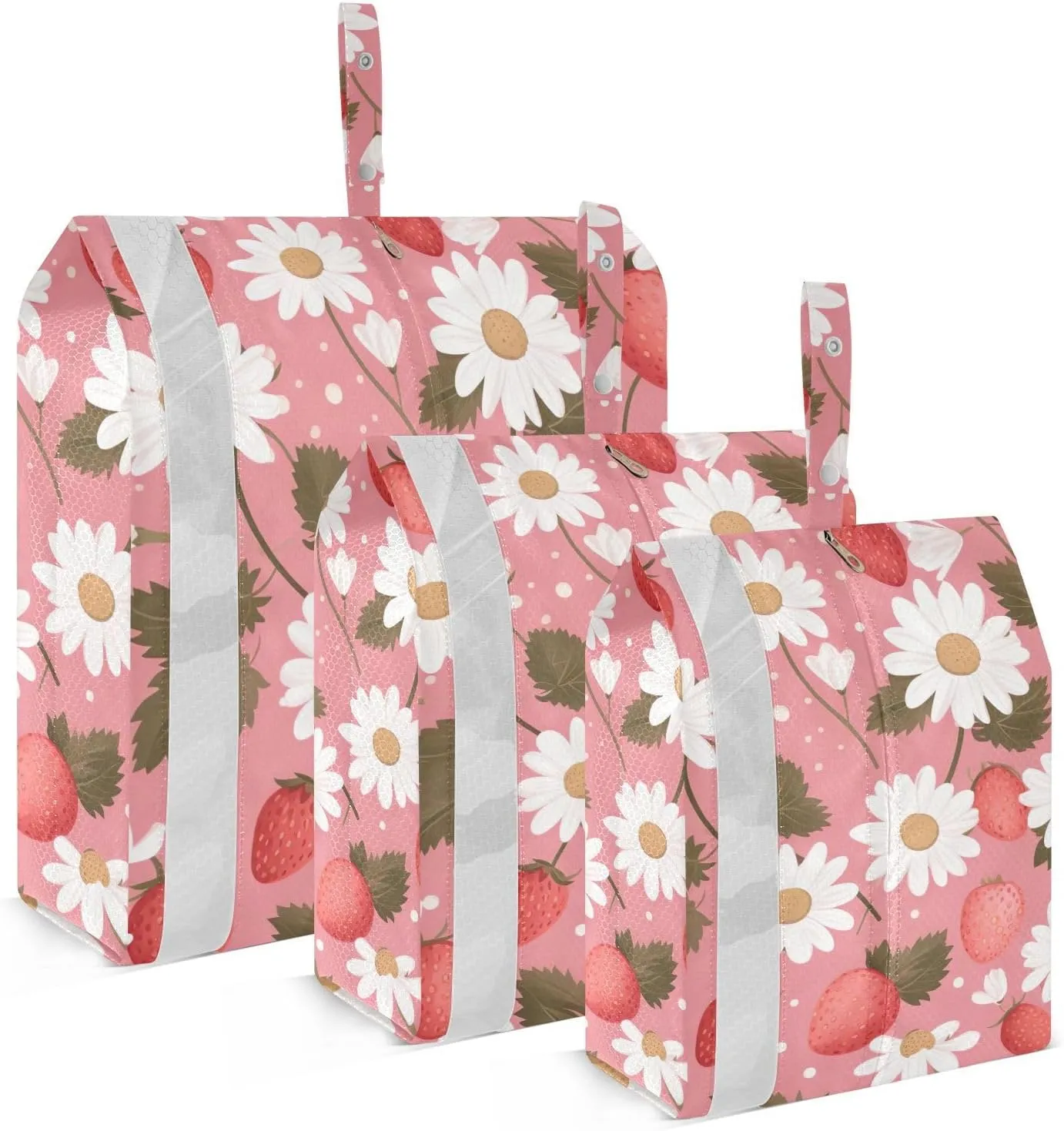 SPRIPORT Pink Strawberries Daisy 3 Set Compression Packing Cubes for Travel Lightweight Luggage Organizer Bags for Carry on Suitcase Travel Essentials for Vacation Woman Man Clothes