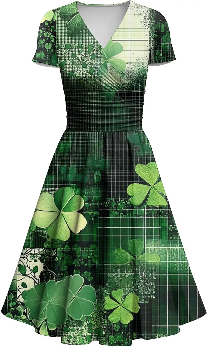 St Patrick's Day Dress Ladies Loose Short Sleeve V Neck Princess Pulled Ruffle Waist Drawstring Shamrock Print Dresses