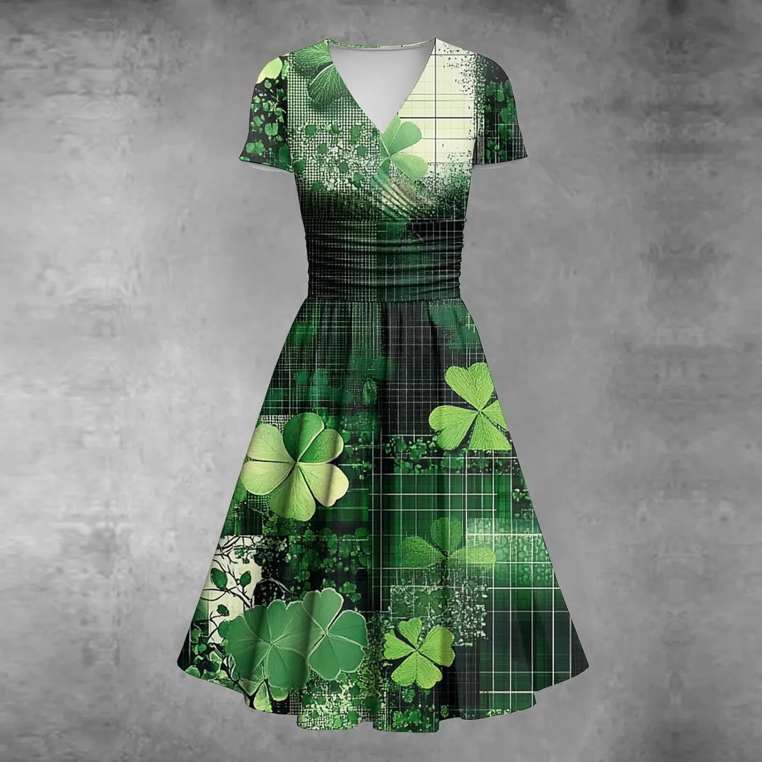 St Patrick's Day Dress Ladies Loose Short Sleeve V Neck Princess Pulled Ruffle Waist Drawstring Shamrock Print Dresses