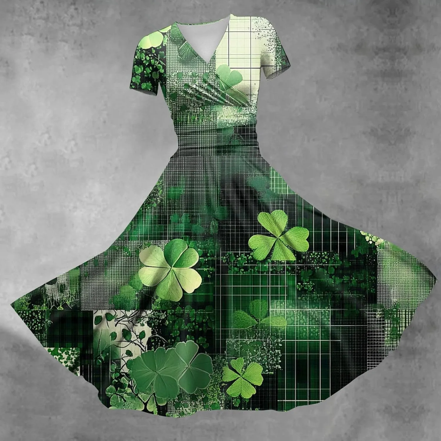 St Patrick's Day Dress Ladies Loose Short Sleeve V Neck Princess Pulled Ruffle Waist Drawstring Shamrock Print Dresses