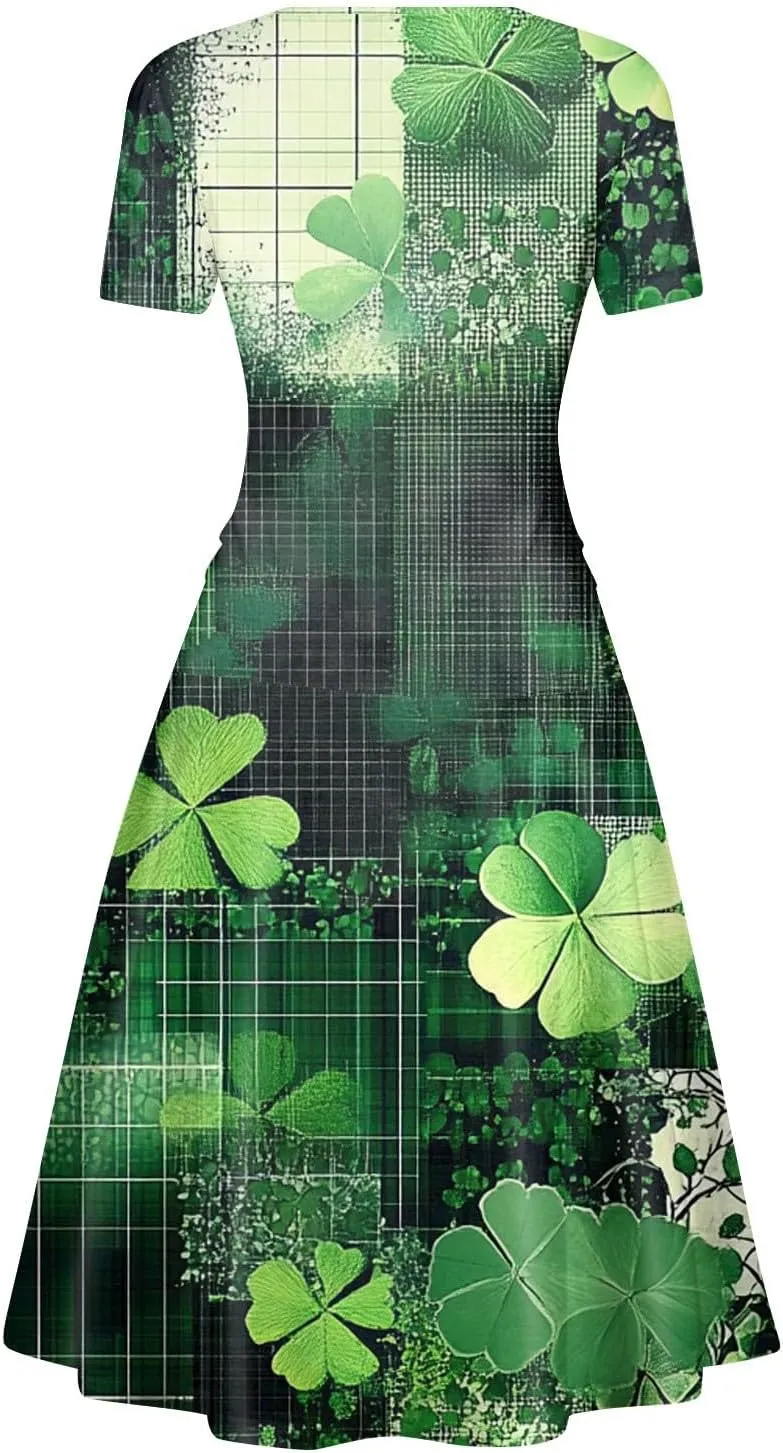 St Patrick's Day Dress Ladies Loose Short Sleeve V Neck Princess Pulled Ruffle Waist Drawstring Shamrock Print Dresses