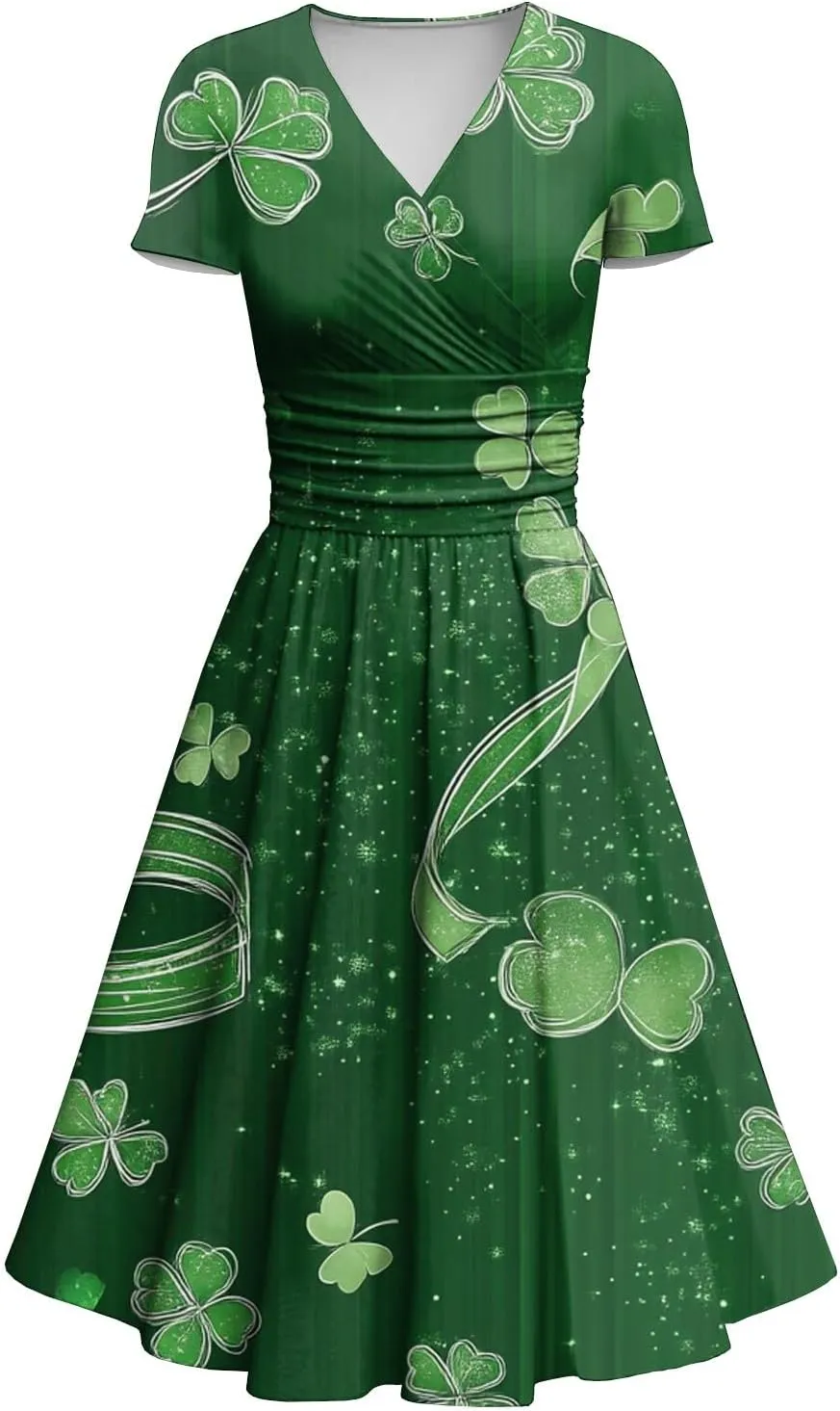 St Patricks Day Dress Women Elegant Short Sleeve Princess V Neck Pulled Ruffle Shamrock Print Waist Drawstring Dresses