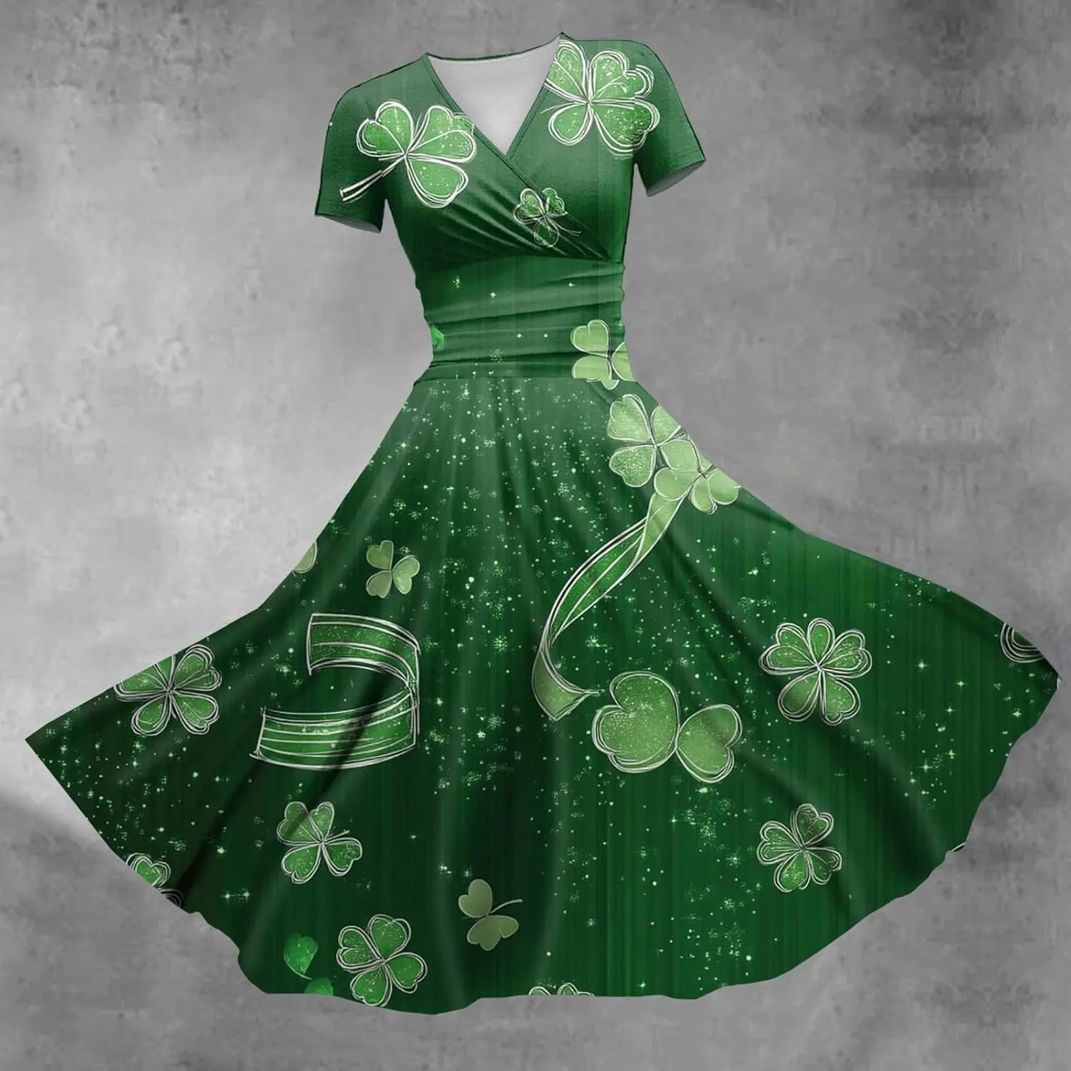 St Patricks Day Dress Women Elegant Short Sleeve Princess V Neck Pulled Ruffle Shamrock Print Waist Drawstring Dresses