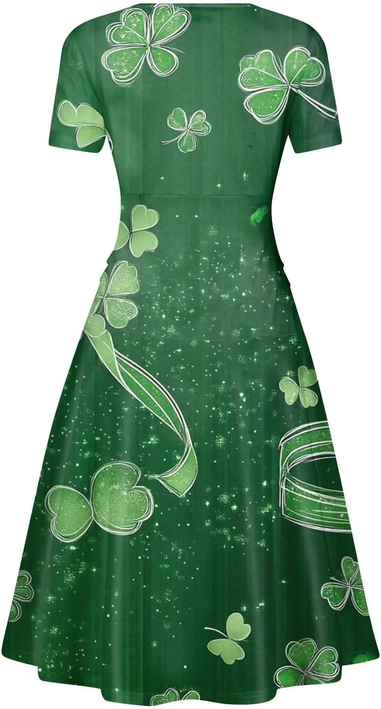 St Patricks Day Dress Women Elegant Short Sleeve Princess V Neck Pulled Ruffle Shamrock Print Waist Drawstring Dresses